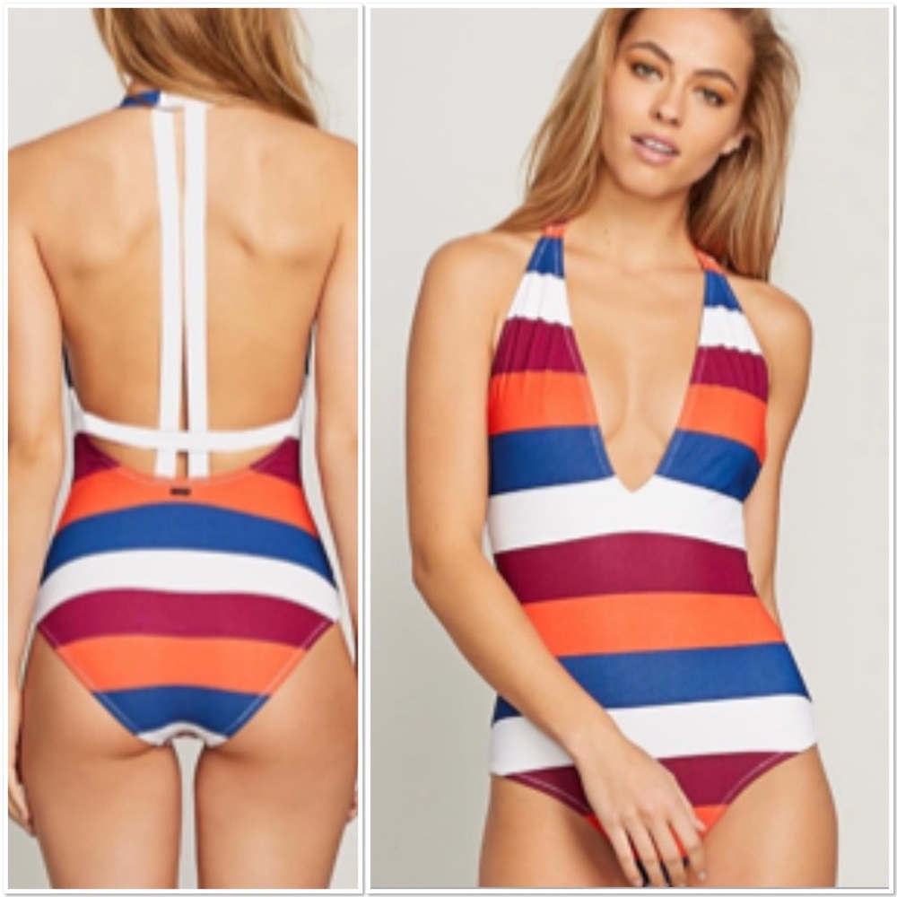 Volcom 1 piece swim suit stripe multi color plunge neckline open back SZ.M NWT